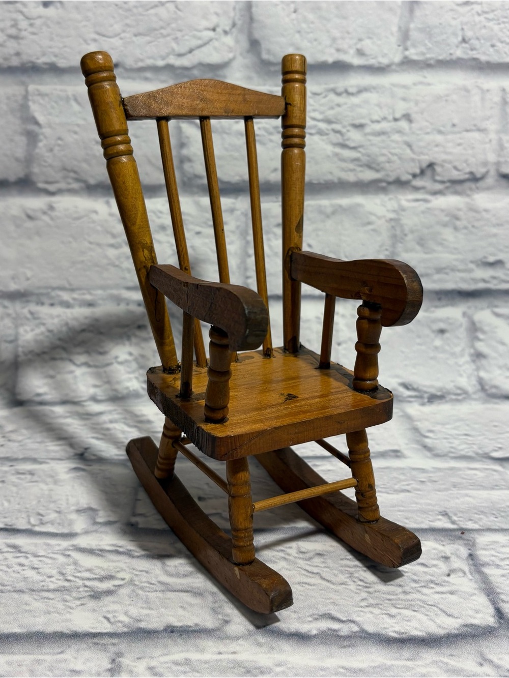 Vintage handmade stained wood doll-sized rocking chair